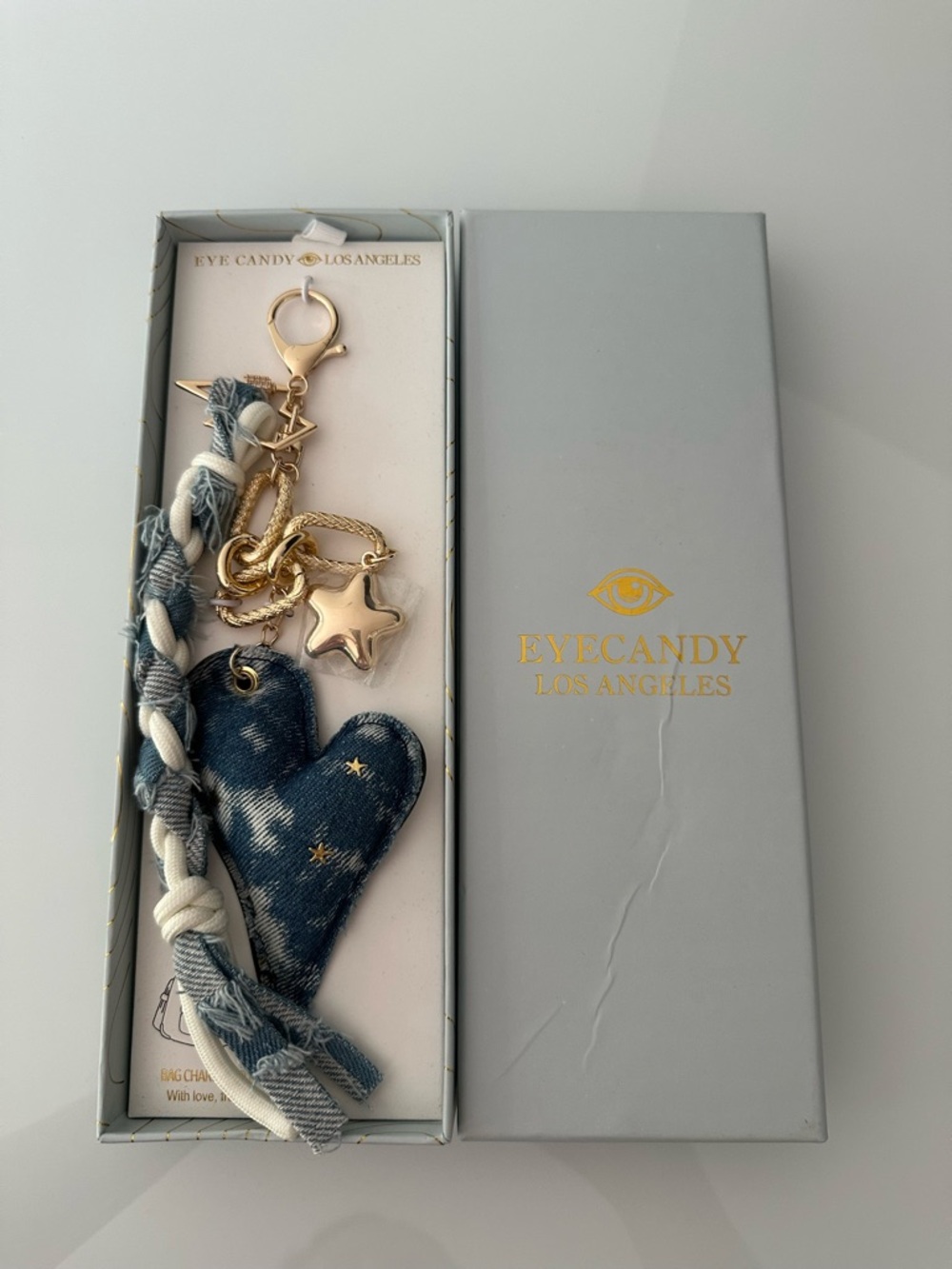 Eye Candy Los Angeles Denim Heart Keychain with Gold Stars, new in box.